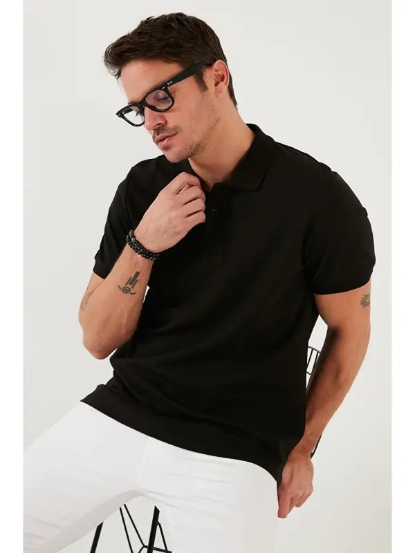 Siyah Pamuklu Slim Fit Düğmeli Polo Tişört 5902281-Siyah - 1
