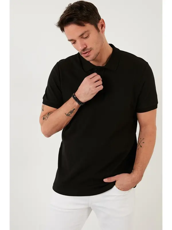Siyah Pamuklu Slim Fit Düğmeli Polo Tişört 5902281-Siyah - 5
