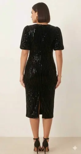 Siyah Payetli Midi Elbise – Kısa Kol Işıltılı Abiye Elbise ND4039 - 1
