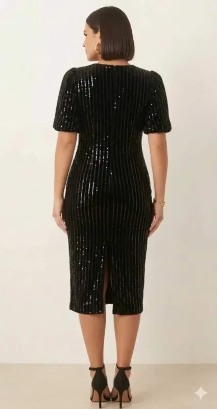 Siyah Payetli Midi Elbise – Kısa Kol Işıltılı Abiye Elbise ND4039 - 1