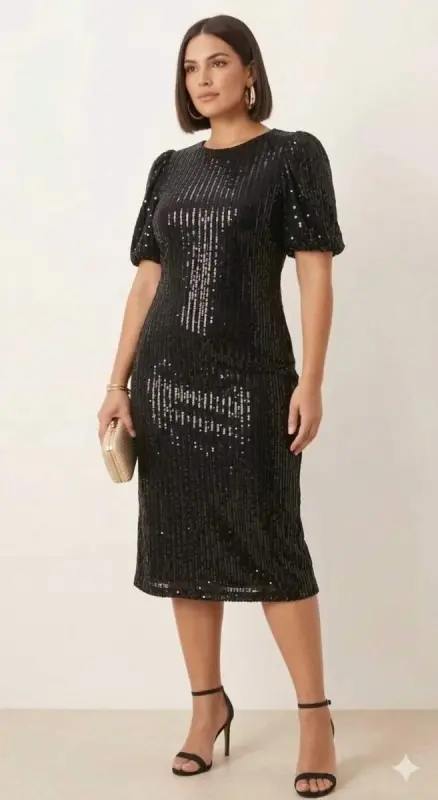 Siyah Payetli Midi Elbise – Kısa Kol Işıltılı Abiye Elbise ND4039 - 2