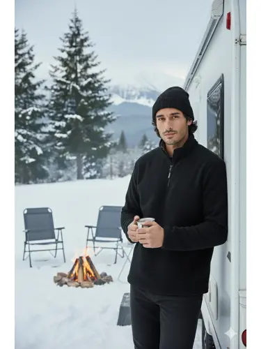 Siyah Regular Fit Anti-pilling Tüylenme Yapmayan Bato Yaka Kışlık Şardonlu Erkek Polar 5906001-Siyah - LC WAIKIKI