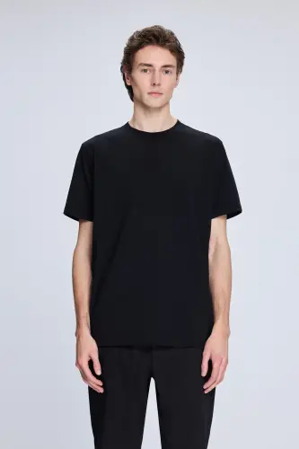 Siyah Regular Fit Bisiklet Yaka Pamuklu Triko Tişört - Siyah - 1