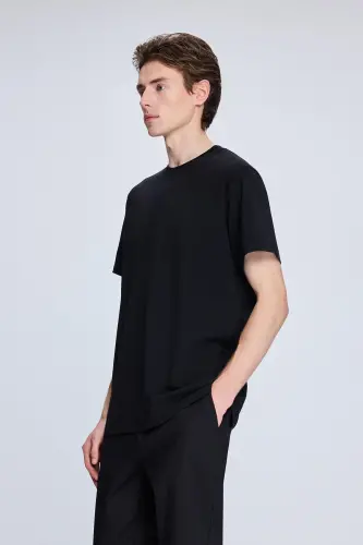 Siyah Regular Fit Bisiklet Yaka Pamuklu Triko Tişört - Siyah - 3