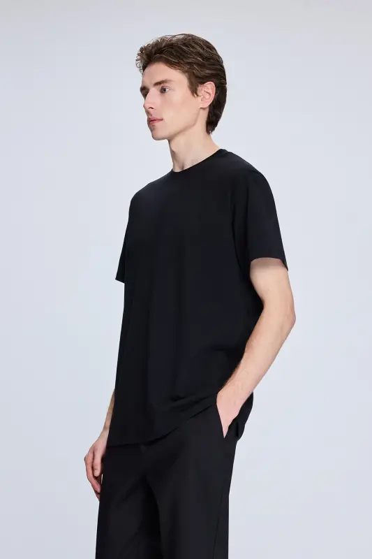 Siyah Regular Fit Bisiklet Yaka Pamuklu Triko Tişört - Siyah - 3