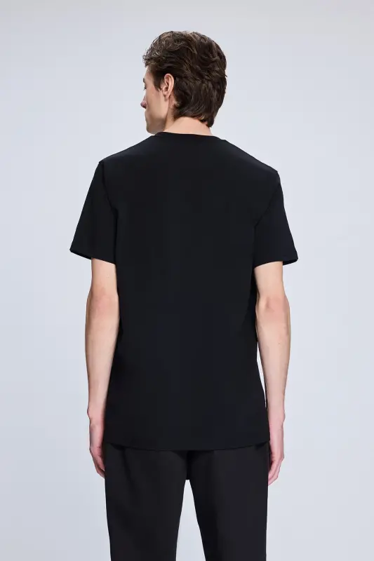 Siyah Regular Fit Bisiklet Yaka Pamuklu Triko Tişört - Siyah - 5