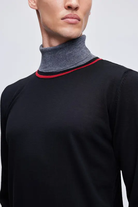 Siyah Regular Fit Çizgili Balıkçı Yaka Yünlü Triko Kazak-Siyah - 4