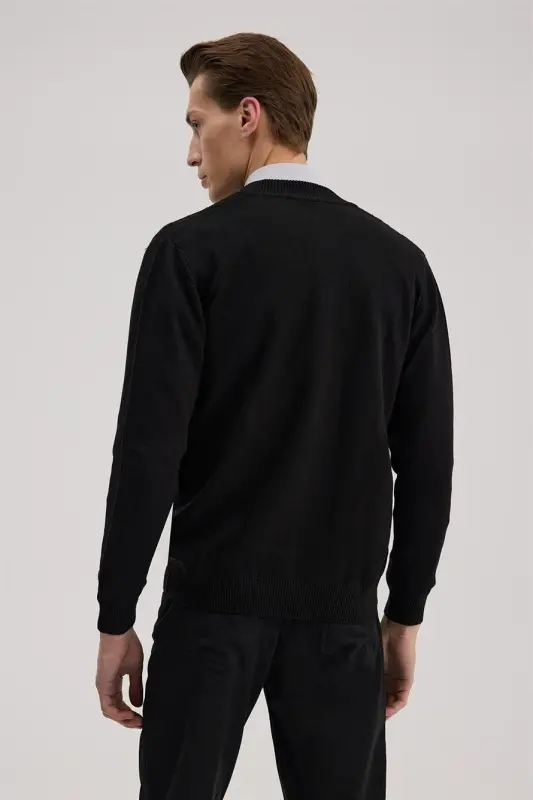Siyah Regular Fit Desenli Fermuarlı Triko Hırka - 4