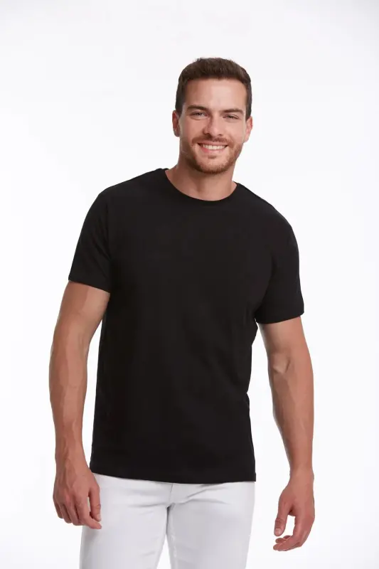 Siyah Regular Fit Düz 100% Pamuk Bisiklet Yaka Tişört - Siyah - 2