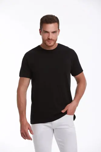Siyah Regular Fit Düz 100% Pamuk Bisiklet Yaka Tişört - Siyah 