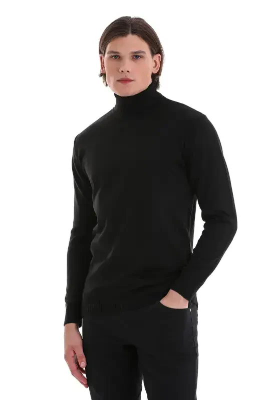 Siyah Regular Fit Düz Balıkçı Yaka Yünlü Triko Kazak-Siyah - HATEMOĞLU