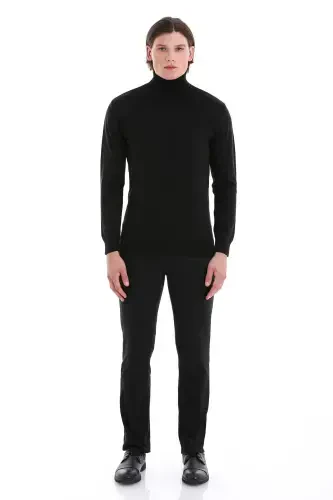Siyah Regular Fit Düz Balıkçı Yaka Yünlü Triko Kazak-Siyah - HATEMOĞLU (1)