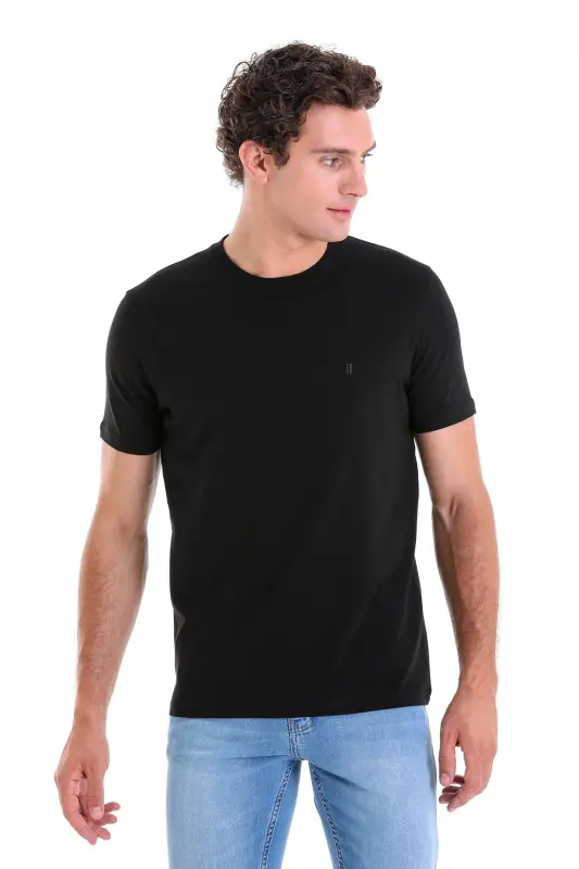 Siyah Regular Fit Düz Pamuklu Bisiklet Yaka Triko Tişört - Siyah - 1