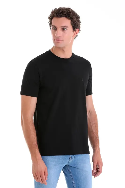 Siyah Regular Fit Düz Pamuklu Bisiklet Yaka Triko Tişört - Siyah - 3