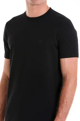 Siyah Regular Fit Düz Pamuklu Bisiklet Yaka Triko Tişört - Siyah - 5