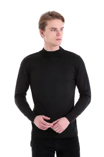 Siyah Regular Fit Düz Yarım Balıkçı Yaka Yün Triko Kazak-Siyah - 2
