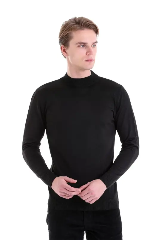 Siyah Regular Fit Düz Yarım Balıkçı Yaka Yün Triko Kazak-Siyah - 2