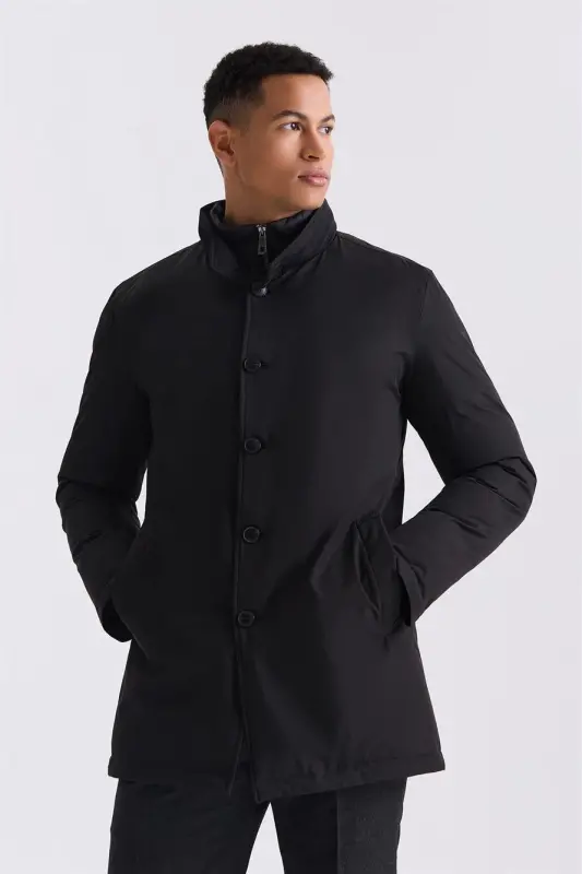 Siyah Regular Fit Gömlek Yaka Düğmeli Mont - JAKAMEN