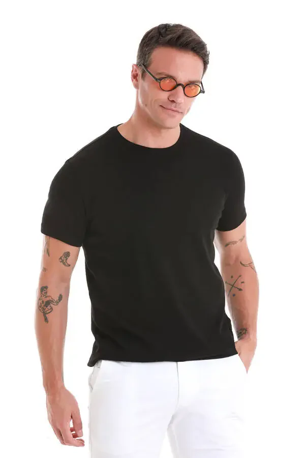 Siyah Regular Fit Jakarlı Bisiklet Yaka Tişört-Siyah - 1