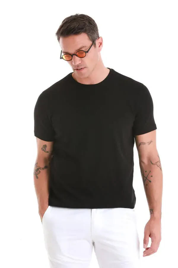 Siyah Regular Fit Jakarlı Bisiklet Yaka Tişört-Siyah - 3