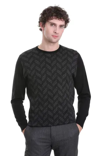 Siyah Regular Fit Jakarlı Bisiklet Yaka Yünlü Triko Kazak-Siyah - 1