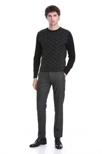 Siyah Regular Fit Jakarlı Bisiklet Yaka Yünlü Triko Kazak-Siyah - 2