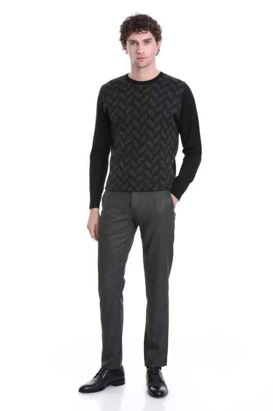 Siyah Regular Fit Jakarlı Bisiklet Yaka Yünlü Triko Kazak-Siyah - 2