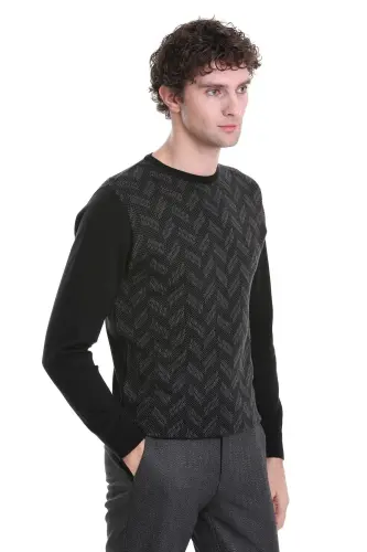 Siyah Regular Fit Jakarlı Bisiklet Yaka Yünlü Triko Kazak-Siyah - 3