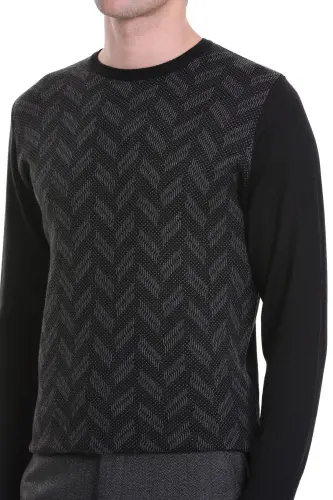 Siyah Regular Fit Jakarlı Bisiklet Yaka Yünlü Triko Kazak-Siyah - 5