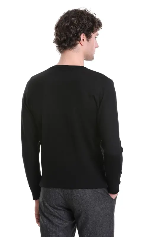 Siyah Regular Fit Jakarlı Bisiklet Yaka Yünlü Triko Kazak-Siyah - 6