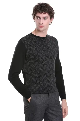 Siyah Regular Fit Jakarlı Bisiklet Yaka Yünlü Triko Kazak-Siyah - 4