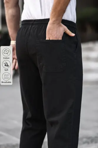 Siyah Renk Erkek Yazlık Keten Karışımı Relaxed Pantolon - SİYAH-SİYAH - 3