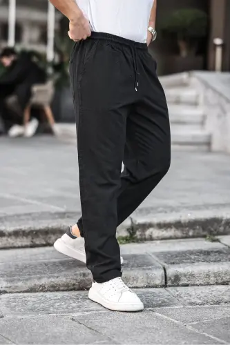 Siyah Renk Erkek Yazlık Keten Karışımı Relaxed Pantolon - SİYAH-SİYAH - 5