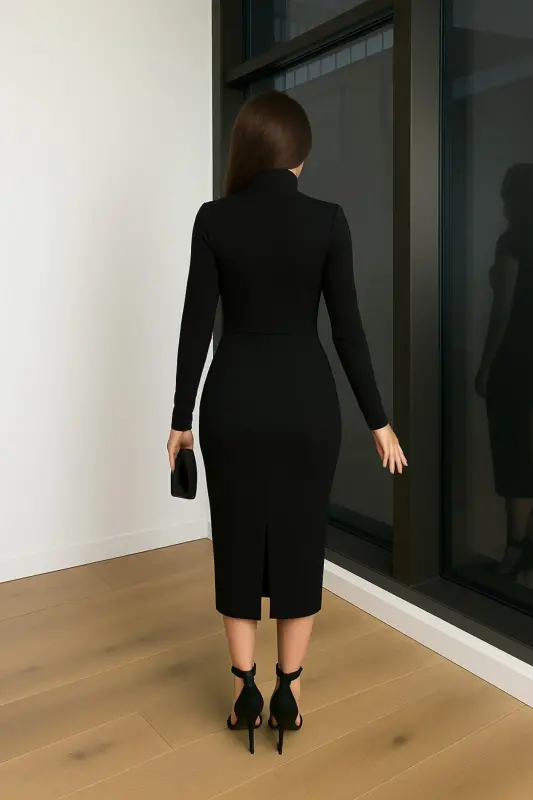 SİYAH RENK MİDİ BOY BROŞ DETAYLI YIRTMAÇLI UZUN KOLLU ABİYE ELBİSE 771-Siyah771 - 3