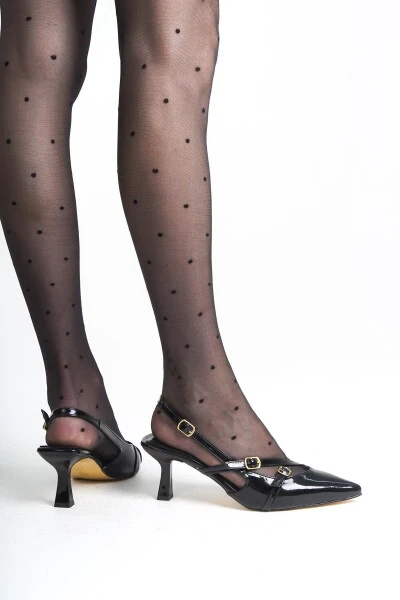 Siyah Rugan Gold Tokalı Sivri Burun Topuklu Ayakkabı Stiletto-Siyah Rugan - 6