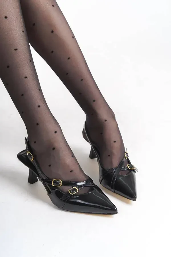 Siyah Rugan Gold Tokalı Sivri Burun Topuklu Ayakkabı Stiletto-Siyah Rugan - 8