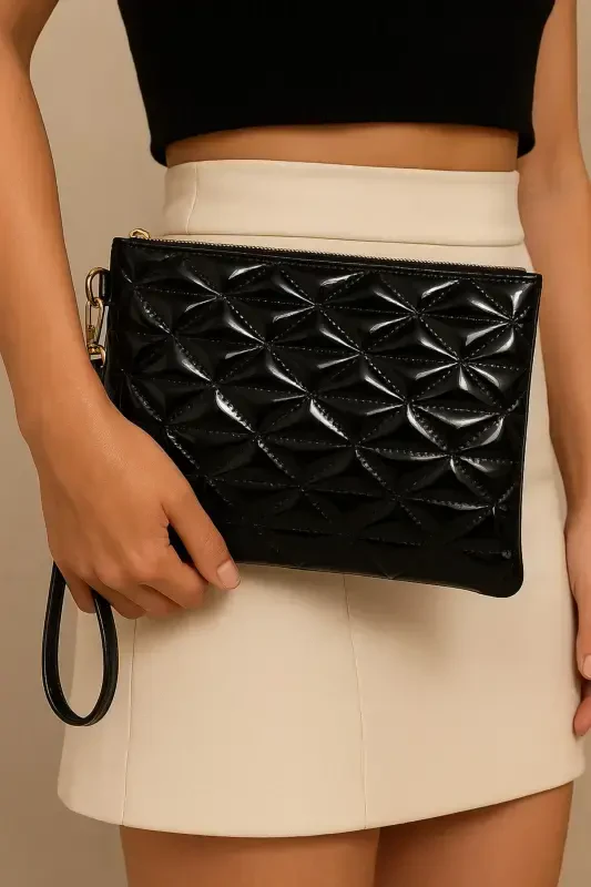 Siyah Rugan Üçgen Desenli Portföy Clutch Çanta-Siyah Rugan - 1