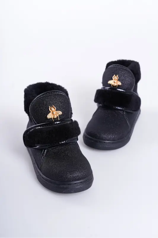 Siyah Simli Kürklü Arı Detaylı Cırtlı Kaymaz Taban Kız Çocuk Bot-Siyah - 2