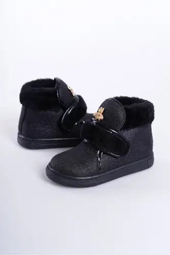 Siyah Simli Kürklü Arı Detaylı Cırtlı Kaymaz Taban Kız Çocuk Bot-Siyah - 3