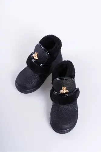 Siyah Simli Kürklü Arı Detaylı Cırtlı Kaymaz Taban Kız Çocuk Bot-Siyah - 4