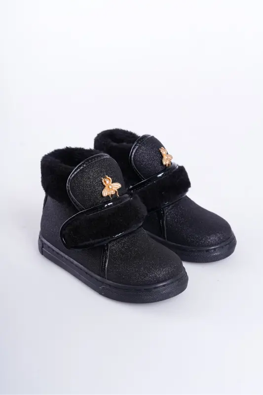Siyah Simli Kürklü Arı Detaylı Cırtlı Kaymaz Taban Kız Çocuk Bot-Siyah - 1