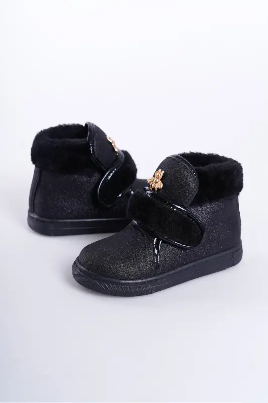Siyah Simli Kürklü Arı Detaylı Cırtlı Kaymaz Taban Kız Çocuk Bot-Siyah - 3