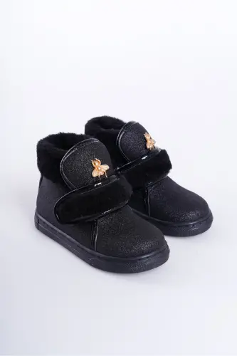 Siyah Simli Kürklü Arı Detaylı Cırtlı Kaymaz Taban Kız Çocuk Bot-Siyah 