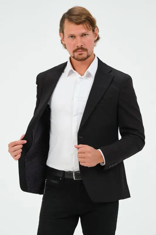 Siyah Slim Fit Astarlı Erkek Blazer Ceket, Şık Ceket - Siyah - 6