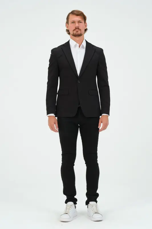 Siyah Slim Fit Astarlı Erkek Blazer Ceket, Şık Ceket - Siyah - 7