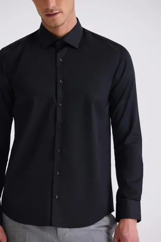 Siyah Slim Fit Basic Düğmeli %100 Pamuk Gömlek - 4