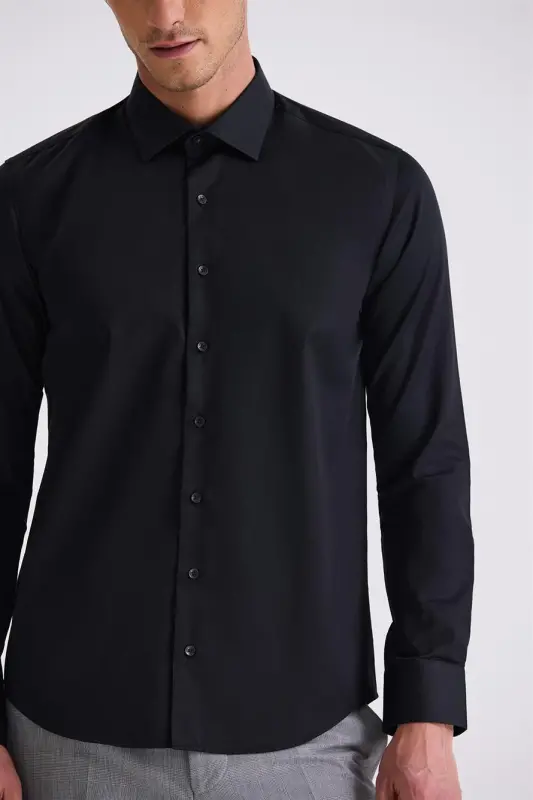 Siyah Slim Fit Basic Düğmeli %100 Pamuk Gömlek - 4
