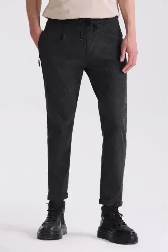 Siyah Slim Fit Beli Lastikli Çizgili Jogger Pantolon - JAKAMEN (1)
