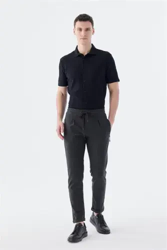 Siyah Slim Fit Beli Lastikli Jogger Pantolon - 1