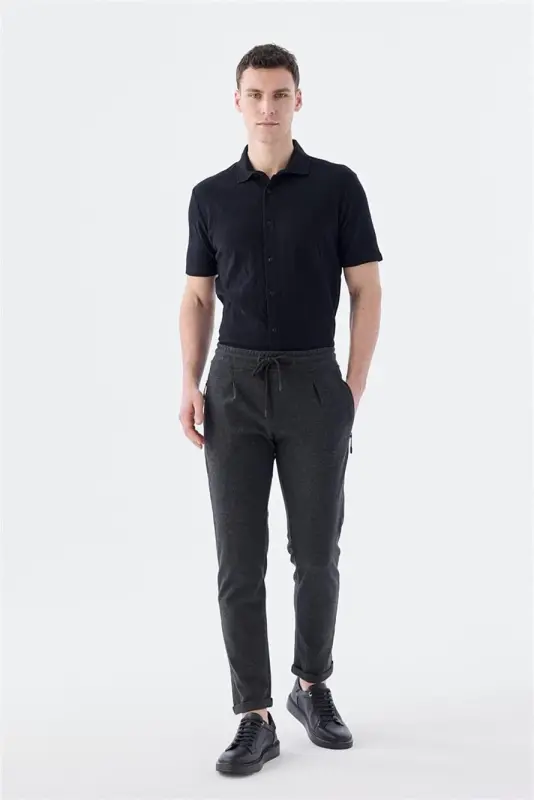 Siyah Slim Fit Beli Lastikli Jogger Pantolon - JAKAMEN